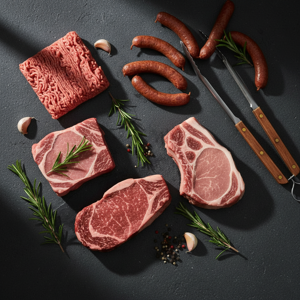 The Grill Master Bundle - ribeye, ground beef, bone-in pork chop, pork shoulder steak and individual smoked sausage links flat lay