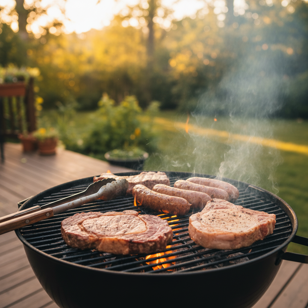 The Grill Master Bundle - ribeye, pork chop, sausage links and pork shoulder steak on a charcoal grill, candid backyard BBQ